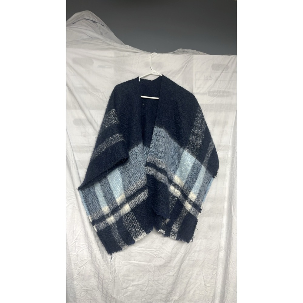 Aerie Blue Plaid Open Front Poncho Sweater Cozy Shawl Wrap One Size